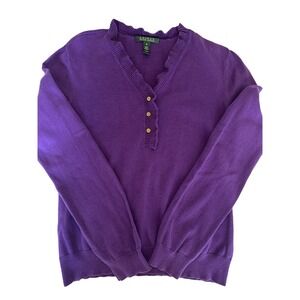 Lauren Ralph Lauren Purple Sweater Ruffle V Neck Gold Buttons Cotton Size Medium